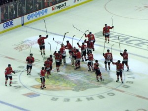 The Blackhawks, including Huet, salute the crowd after the win (photo property of Pam Rodriguez)