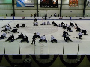 The US Team stretches before practice in Woodridge (photo property of the author)