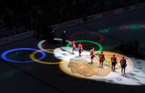 Blackhawks Olympians were honored before the 3/3/10 home game