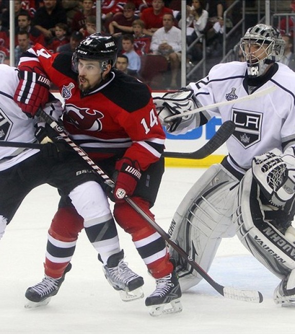 Adam Henrique battles during the 2012 Stanley Cup Final. (Ed Mulholland-US PRESSWIRE)