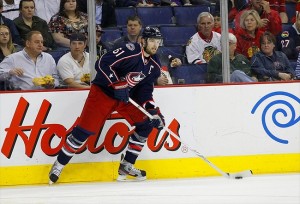 March 20, 2012; Columbus, OH, USA; Columbus Blue Jackets left wing Rick Nash (61) looks to pass against the Chicago Blackhawks during the second period at Nationwide Arena. Mandatory Credit: Russell LaBounty-USA TODAY Sports