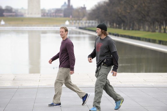 Hockey brothers Anthony (left) and Bates (right) search for the next clue on the steps of the Lincoln Memorial on the 22nd season finale of THE AMAZING RACE (Photo: Heather Wines/CBS ©2012 CBS Broadcasting, Inc. All Rights Reserved)