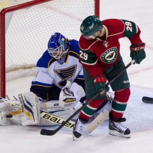 Pominville looks for the redirect, against Brian Elliot of the Blues. Hemmelgarn-USA TODAY Sports)
