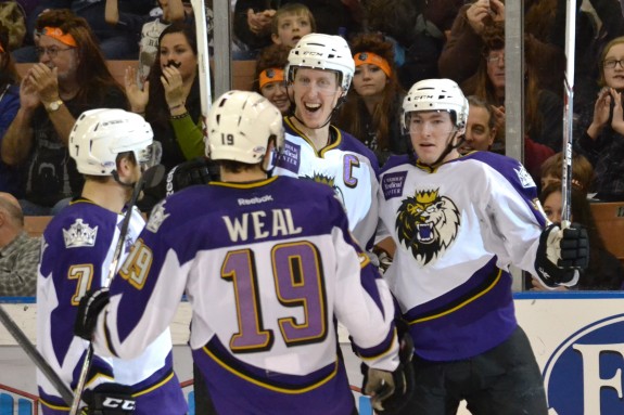 Brandon Kozun (15) celebrates his second goal of the game, a shorthanded and game-winning goal from Jordan Weal in a 3-2 win over Norfolk