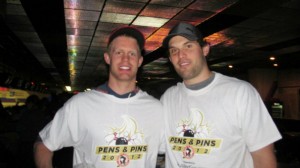 The Pens and Pins event is a good time for fans to interact with their favorite players, such as defenseman Philip Samuelson (left). (Alison Myers/THW)