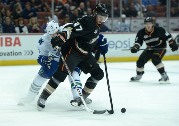 January 15, 2014: Anaheim Ducks defenseman Hampus Lindholm (47) and Vancouver Former Canucks center Ryan Kesler (17). The two teammates defeated the Canucks at Rogers Arena on Thursday, November 21, 2014 (Kirby Lee-USA TODAY Sports)
