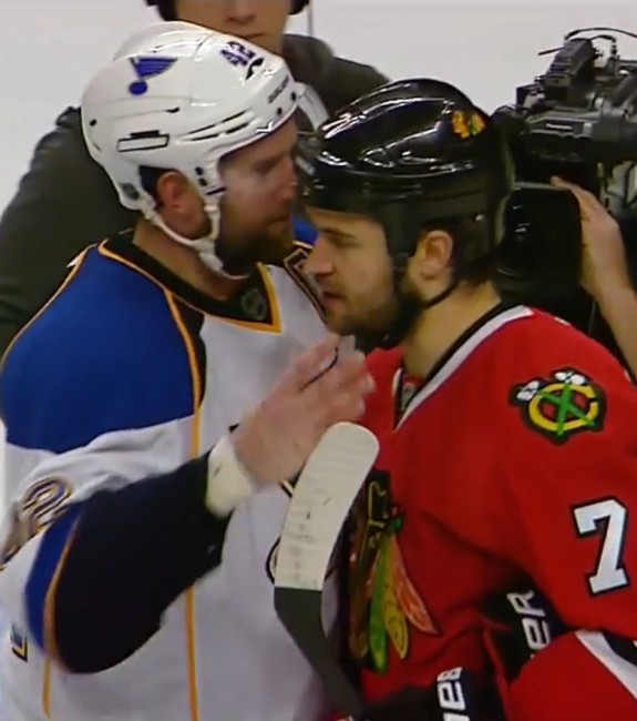 Maybe one day David Backes & Brent Seabrook will shake hands following a Cup Final. (courtesy NHL.com)