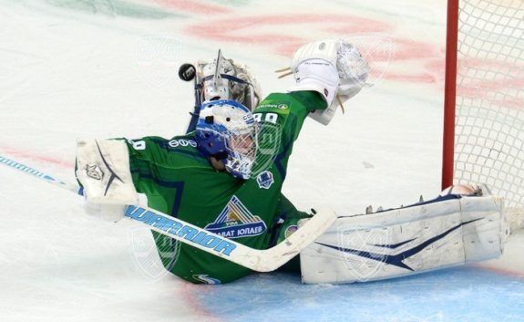 Andrei Vasilevskiy makes a save while playing in the KHL.