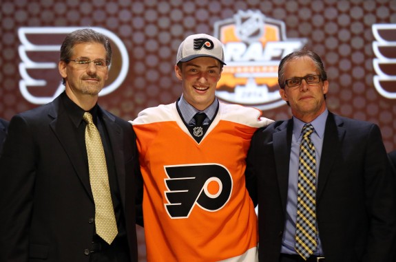 While they may not be father-son, Travis Sanheim is related to Flyers GM, Ron Hextall, nonethless. (Bill Streicher-USA TODAY Sports)