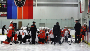 Philadelphia Flyers prospects take a knee at development camp. [photo: Amy Irvin}
