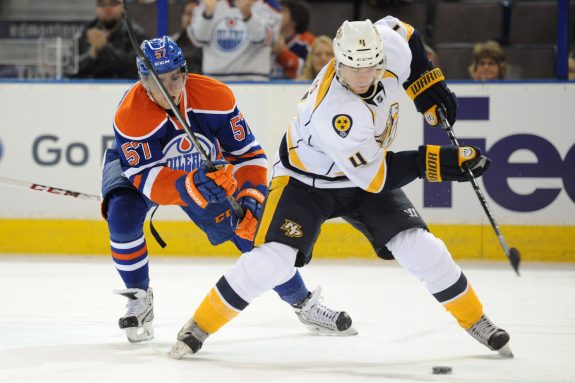 (Candice Ward-USA TODAY Sports) Ryan Ellis of the Nashville Predators is seen here battling against the Edmonton Oilers, who could have drafted him instead of Magnus Paajarvi at ninth overall in 2009.