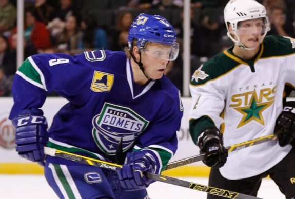 Hunter Shinkaruk has an outisde chance of making the Canucks next season. Spending another season down in Utica would likely be better for his development. Credit: Texas Stars Hockey