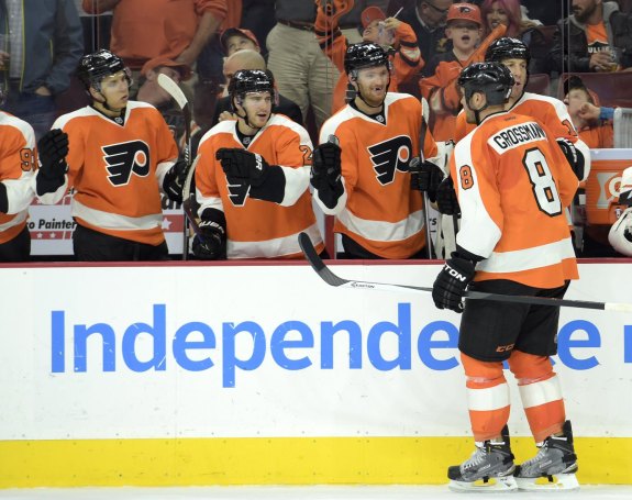 Flyers fans were treated to the phrase, "Grossmann scores for a case of Tastykakes" on Saturday night against Detroit.