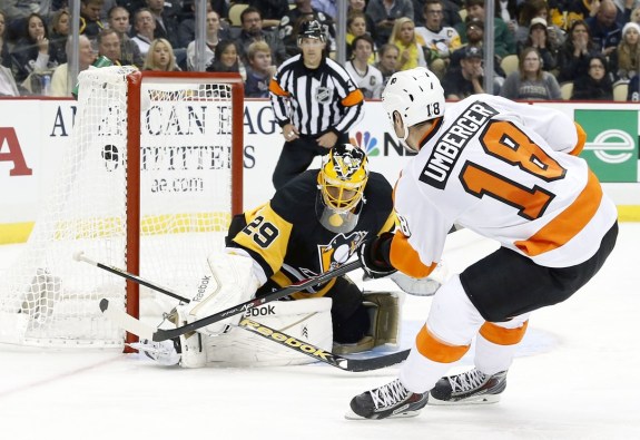 R.J. Umberger's goal in Pittsburgh on Oct. 22nd was his first goal scored in his hometown city since 2008. (Charles LeClaire-USA TODAY Sports)