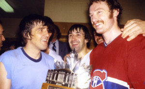 Montreal Canadiens defensemen Serge Savard, Guy Lapointe, and Larry Robinson