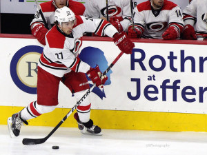 Justin Faulk leads the Hurricanes with 17 points in 30 games this season. (Amy Irvin / The Hockey Writers)