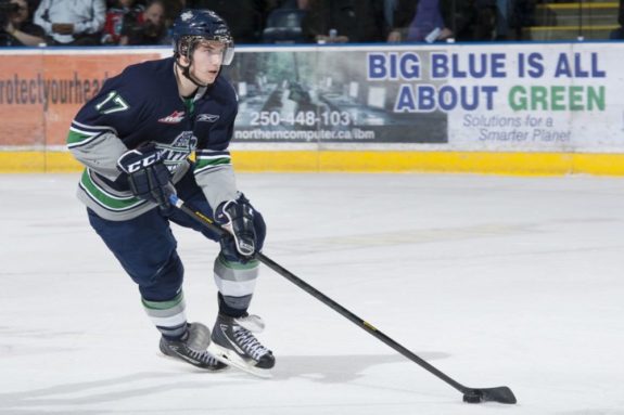 (Photo by Marissa Baecker/Shoot the Breeze) Shea Theodore of the Seattle Thunderbirds has been named the Western Conference's nominee for the Bill Hunter Memorial Trophy as the WHL's defenceman of the year.
