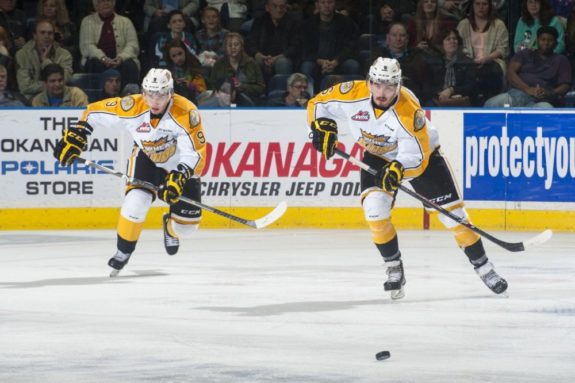 (Marissa Baecker/Shoot the Breeze) Ivan Provorov, left, and Ryan Pilon of the Brandon Wheat Kings are among the WHL's top draft-eligible players. Provorov came to Brandon from Russia this season and has been a revelation as one of the league's very best import players.