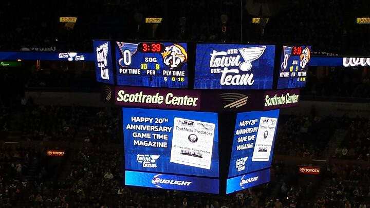 The Blues' message to Game Time on the scoreboard (Courtesy Dan Doke / St. Louis Game Time)