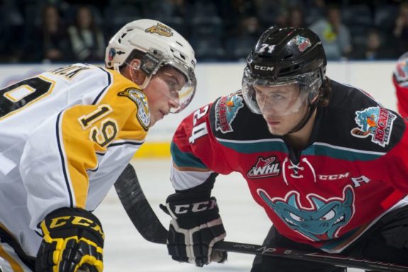 (Marissa Baecker/www.shootthebreeze.ca) Nolan Patrick of the Brandon Wheat Kings, left, faces off against Tyson Baillie of the Kelowna Rockets during WHL regular-season action in Kelowna on Oct. 25. The Rockets won 6-1 in the only meeting to date between the two teams, but the Wheat Kings will host Game 1 of the WHL championship series in Brandon tonight.