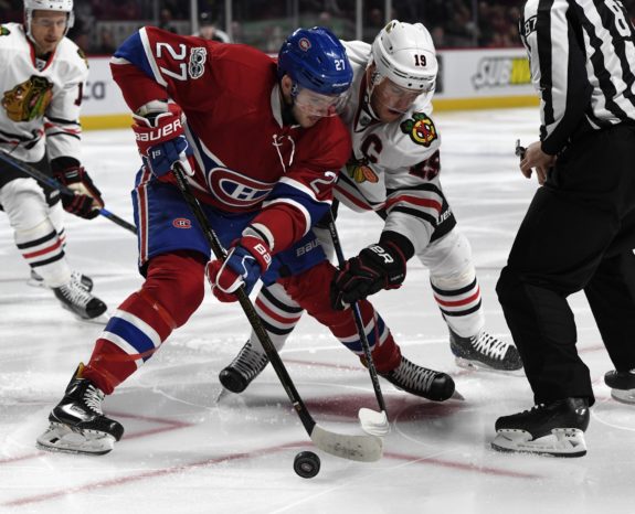 Montreal Canadiens forward Alex Galchenyuk and Chicago Blackhawks forward Jonathan Toews