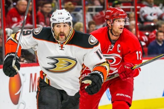 Anaheim Ducks left wing Patrick Maroon (19) and Carolina Hurricanes center Eric Staal (12) during the NHL game between the Anaheim Ducks and the Carolina Hurricanes at the PNC Arena.