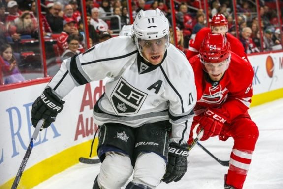 (Photo By: Andy Martin Jr.) Anze Kopitar, left, isn't exactly lighting it up in his contract year, but he hasn't had to. The Kings as a collective group are cruising right along as the top seed in the Pacific Division after missing the playoffs as the defending Stanley Cup champions last season.