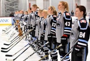 The Buffalo Beauts line up for the national anthem before Game 1 of the Isobel Cup Final in New Jersey. (Photo Credit: Troy Parla)