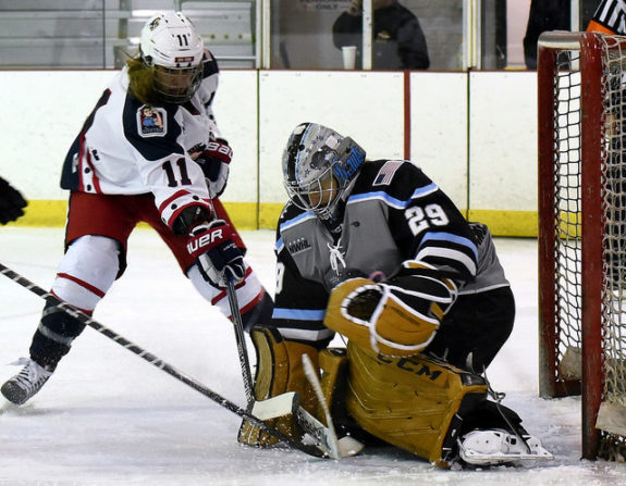 Brianne McLaughlin of the Buffalo Beauts makes a save on Morgan Fritz-Ward of the New York Riveters. (Photo Credit: Troy Parla) 