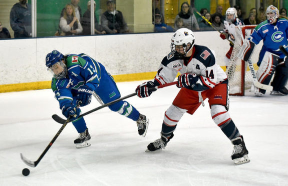 Next season Kaleigh Fratkin (L) and Madison Packer will be teammates with the New York Riveters rather than rivals. (Photo Credit: Troy Parla) 