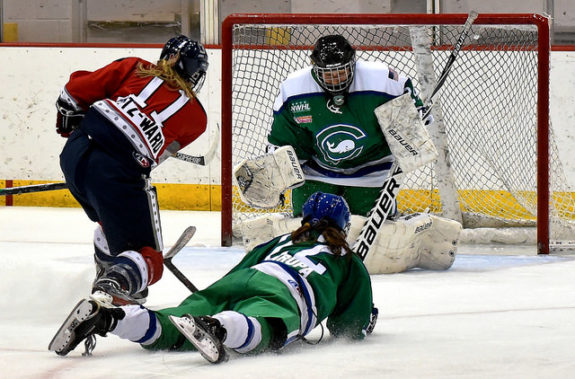 Morgan Fritz-Ward of the Riveters shoots on net. (photo credit: Troy Parla)