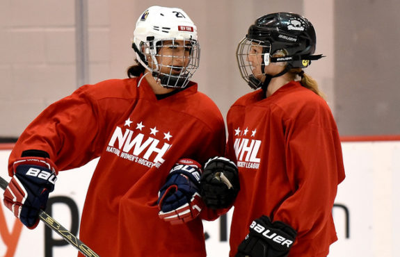 Gabie Figueroa and Hayley Williams share a laugh during the NWHL Free Agent Camp in NJ. (Photo Credit: Troy Parla)