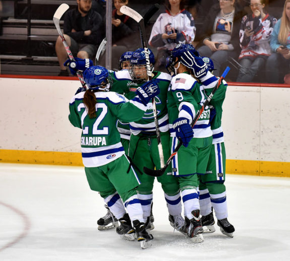 Haley Skarupa and the Connecticut Whale celebrate a goal. (Photo Credit: Troy Parla)