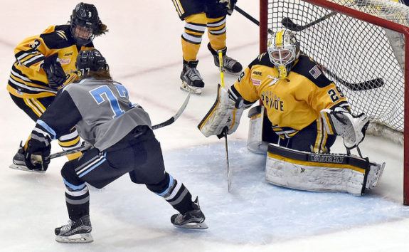 Hayley Williams of the Buffalo Beauts attempts to score on Brittany Ott of the Boston Pride in Game 2 of the Isobel Cup Final. (Photo Credit: Troy Parla)