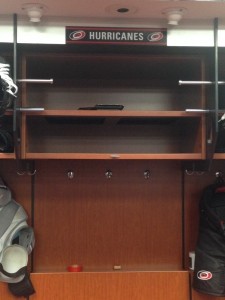The locker formerly known as Eric Staal's sits empty in the Carolina Hurricanes locker room