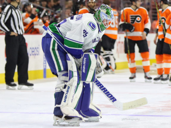 Jacob Markstrom has played well for the Canucks considering the amount of scoring chances the defence in front of him gives up. (Amy Irvin/The Hockey Writers)