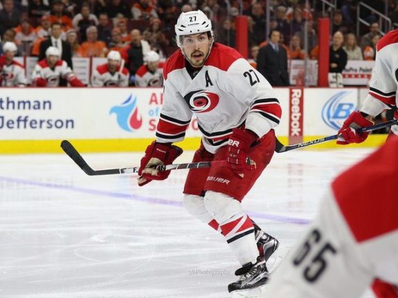 (Amy Irvin/The Hockey Writers) Justin Faulk is not a player that Carolina Hurricanes fans want to part with. Not even for Edmonton's Ryan Nugent-Hopkins, at least not straight up.