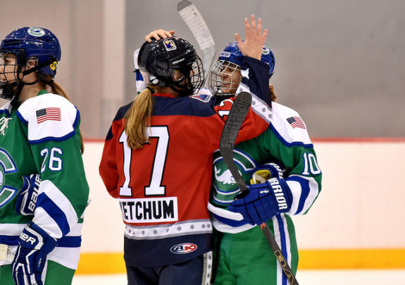 Former teammates Bray Ketchum and Elena Orlando pat act other on the head after a Riveters-Whale game. (Photo Credit: Troy Parla)