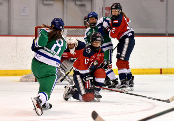 Bray Ketchum of the Riveters blocks Kelly Babstock's shot. (photo credit: Troy Parla)