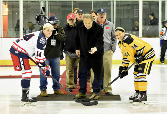 Madison Packer of the New York Riveters and Brianna Decker of the Boston Pride take a ceremonial face-off. (Photo Credit: Troy Parla)