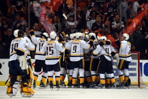 Nashville Predators players celebrate after game seven of the first round of the 2016 Stanley Cup Playoffs against the Anaheim Ducks at Honda Center. The Predators defeated the Ducks 2-1 to win the series 4-3. (Kirby Lee-USA TODAY Sports)