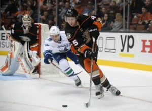 Brendan Gaunce chases Sami Vatanen during an October game against the Ducks. It seems like the Canucks have been doing a lot of chasing in games lately.(Gary A. Vasquez-USA TODAY Sports)
