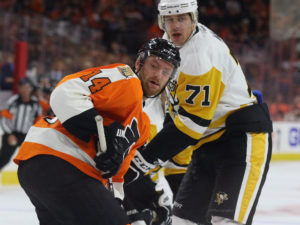 Malkin has been able to shrug off questionable plays during 2016-17, for the most part. - Sean Couturier, Evgeni Malkin (Amy Irvin / The Hockey Writers)