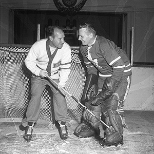 Billy Reay with Leaf goalie Johnny Bower.