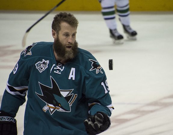 (Photo credit Zeke/THW) Joe Thornton's beard was in its infancy back here in March. It's a lot longer and bushier now, and a little lighter or greyer too.