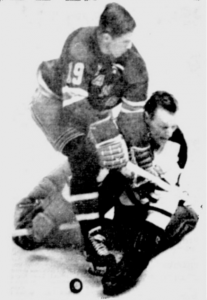 This is the play on which Johnny Bower was injured Sunday night.