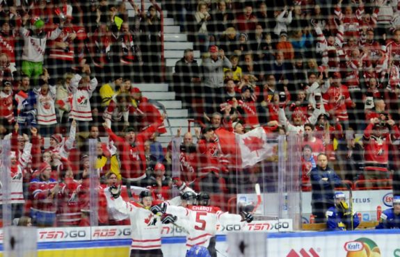 Canada celebrates goal against Sweden during 2016 World Junior Hockey Championships in Helsinki, Finland. Photo courtesy: Dave Jewell