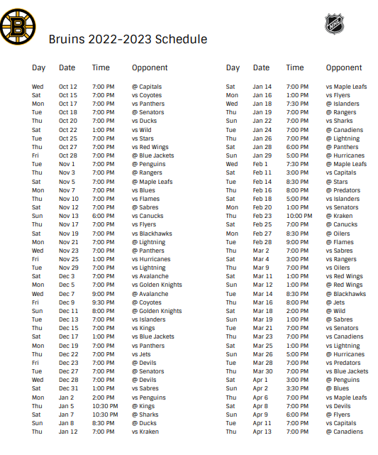 Bruins Preseason Schedule Robin Tamarah