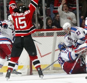 Jamie Langenbrunner celebrates Zach Parise's goal in the Devils final victory over the Rangers at the Continental Airlines Arena. (Photo by Andy Marlin/Getty Images)