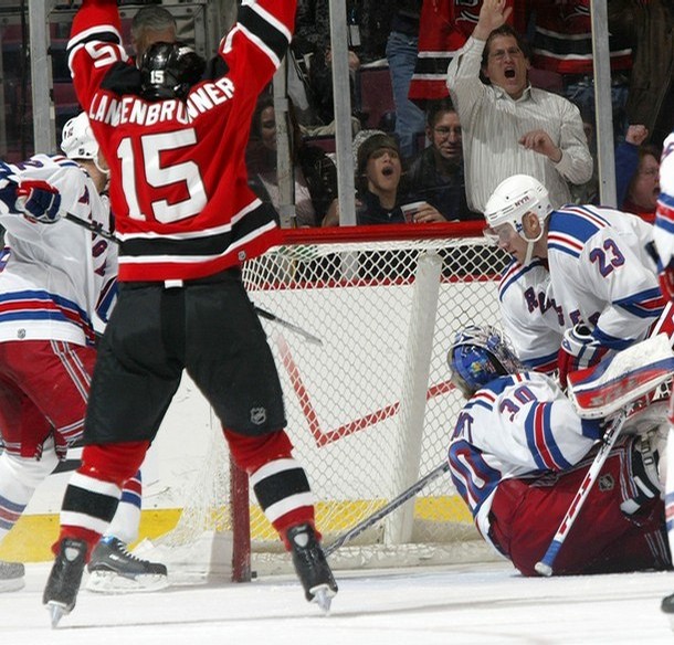 New Jersey Devils Jamie Langenbrunner (15) celebrates with teamate Zach  Parise after Langenbrunner scored the winning goal in double overtime at  the Continental Airlines Arena in East Rutherford, New Jersey on April